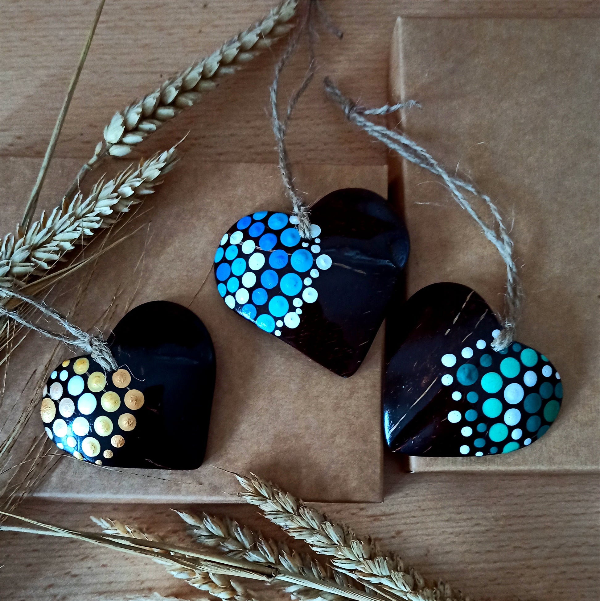 Coconut Shell Hearts Made with Love, Green, Gold and Blue Natural Heart decorations