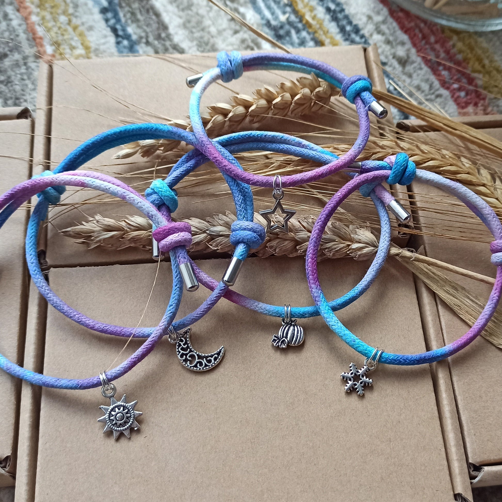 Tie Dye 3mm Waxed Cotton Cord Bracelets, Stocking Fillers, Charmed Bracelets Sun Moon Stars, Snowflakes