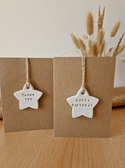 Thank you and Happy Birthday Caly Keepsake Cards, Polymer Clay star decoration personalised.