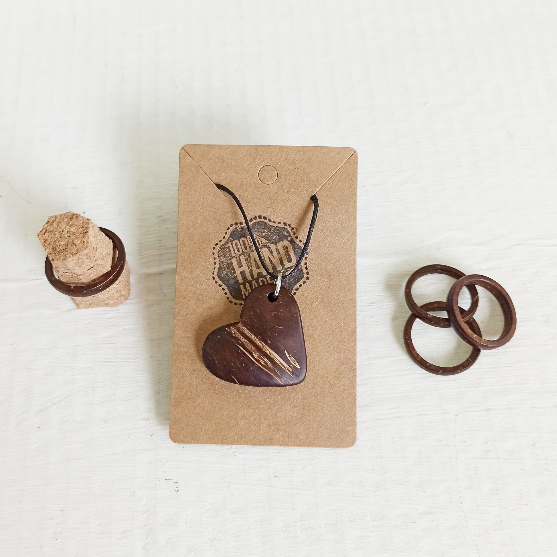 Coconut Shell Heart Pendant Necklace and Coconut Shell Rings