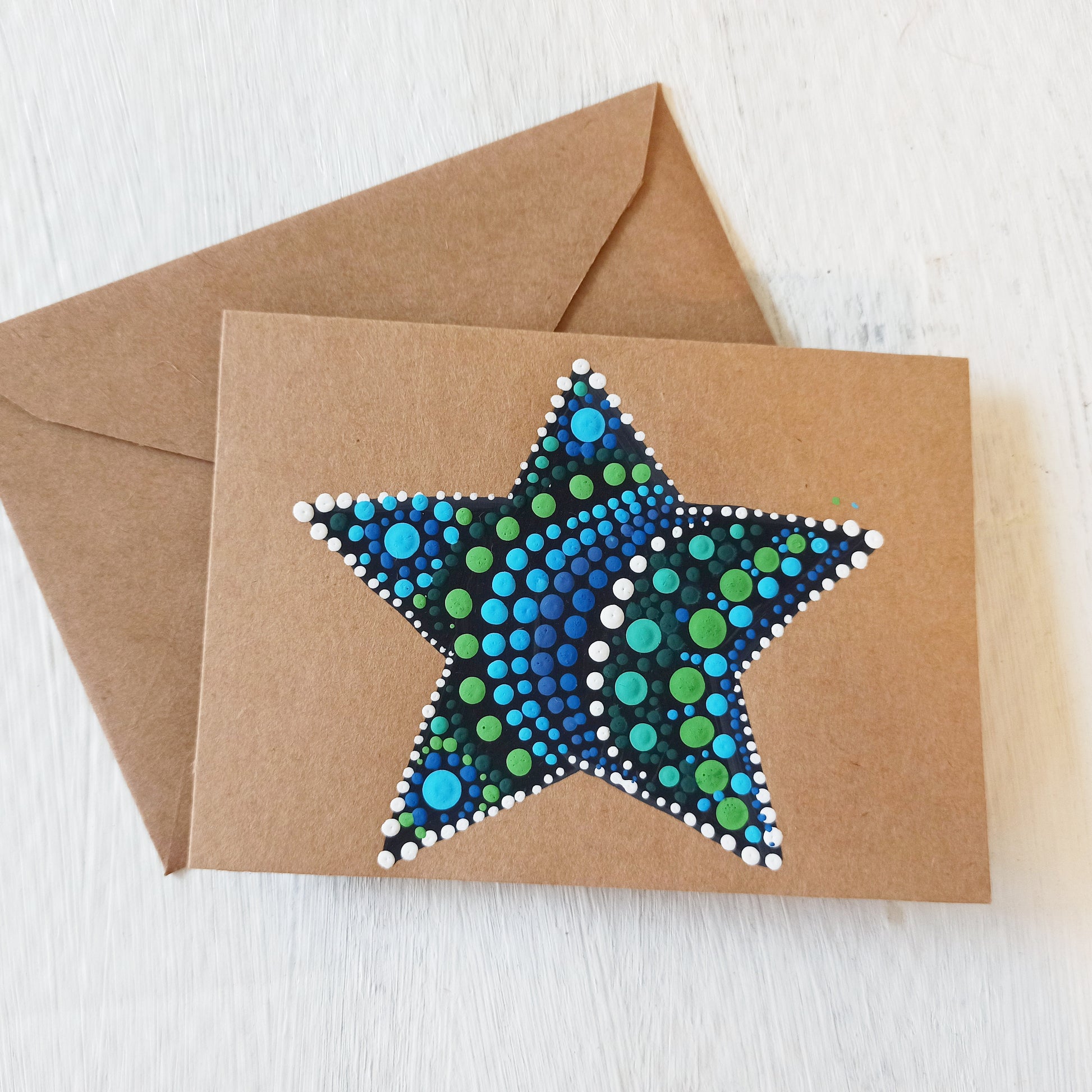 Hand Painted Cards Blue and green dot art stars on kraft card. Hand painted cards for any occasion. small Business cards birthday cards