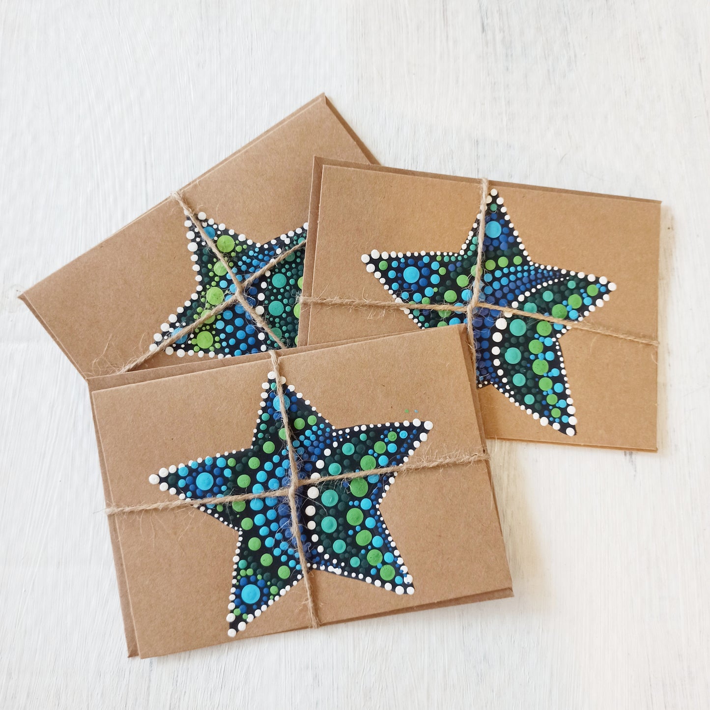 Hand Painted Cards Blue and green dot art stars on kraft card. Hand painted cards for any occasion. small Business cards birthday cards