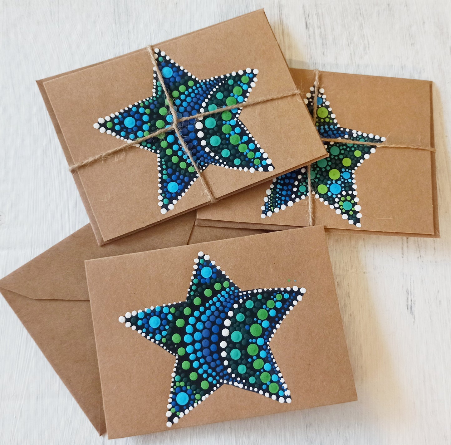 Hand Painted Cards Blue and green dot art stars on kraft card. Hand painted cards for any occasion. small Business cards birthday cards