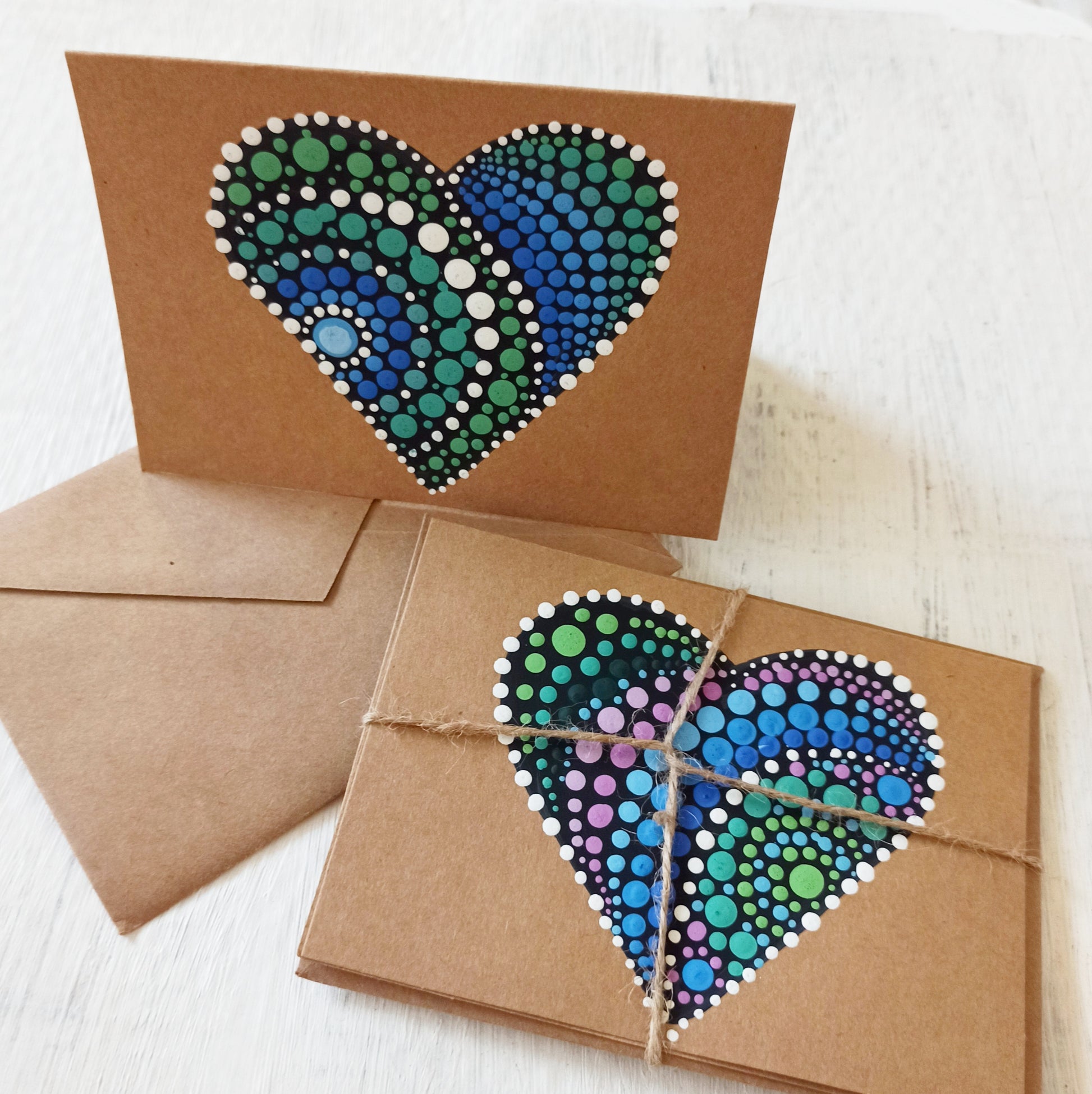 Hand Painted Heart Cards Brown Kraft greetings card for any occasion, valentines day cards