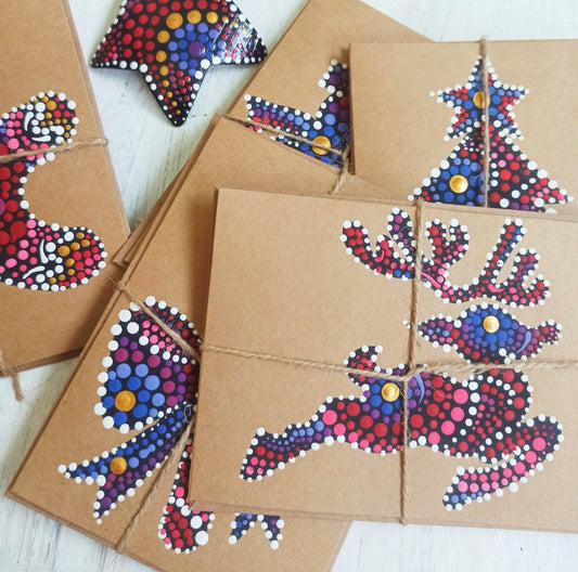 Hand painted Christmas Cards, Reindeer, Christmas Tree, ginger bread man, Snowman dot art, mandala painted kraft cards