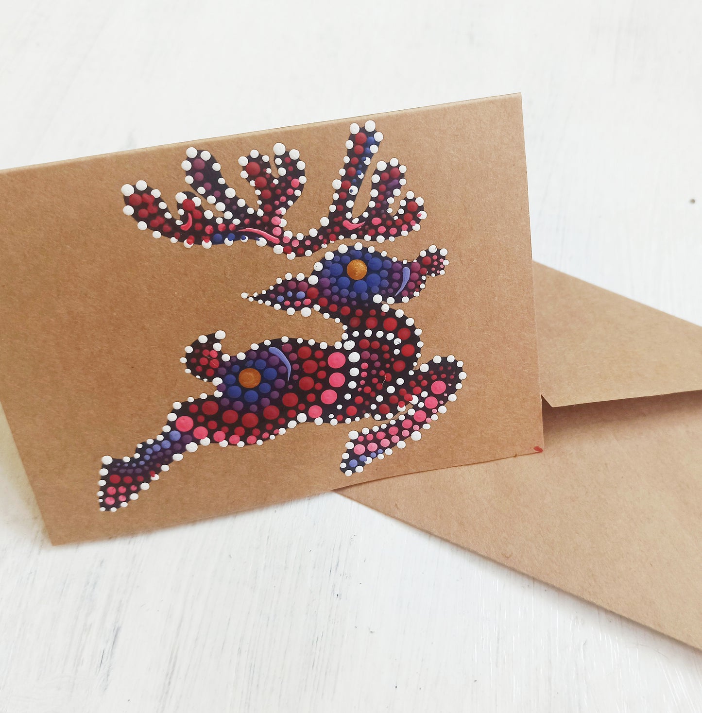 Handpainted dot art red and blue Acrylic paint reindeer christmas cards