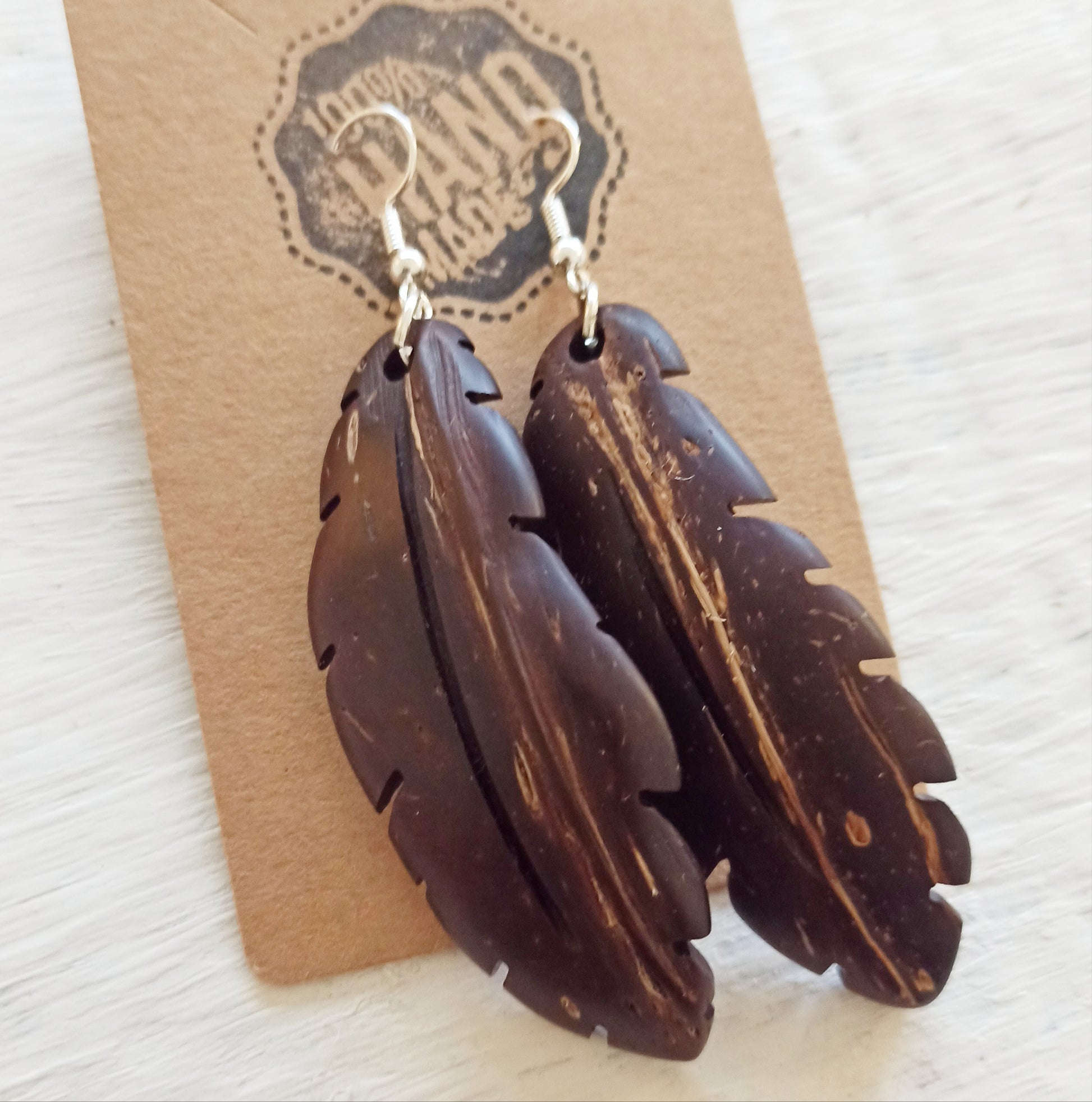 Coconut Shell Feather Earrings, Eco Friendly Jewellery