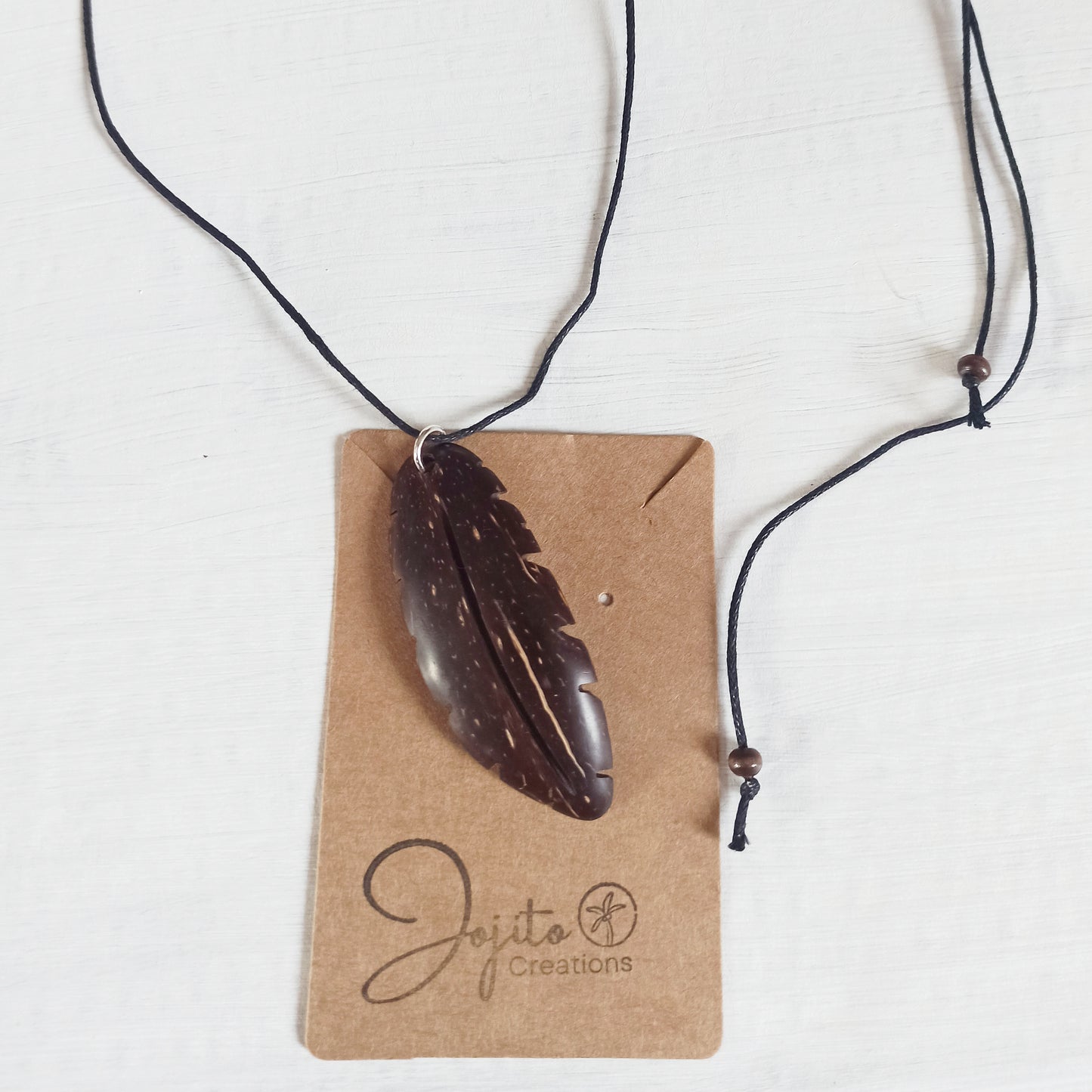 Coconut Shell Feather Pendant, Eco Friendly Jewellery