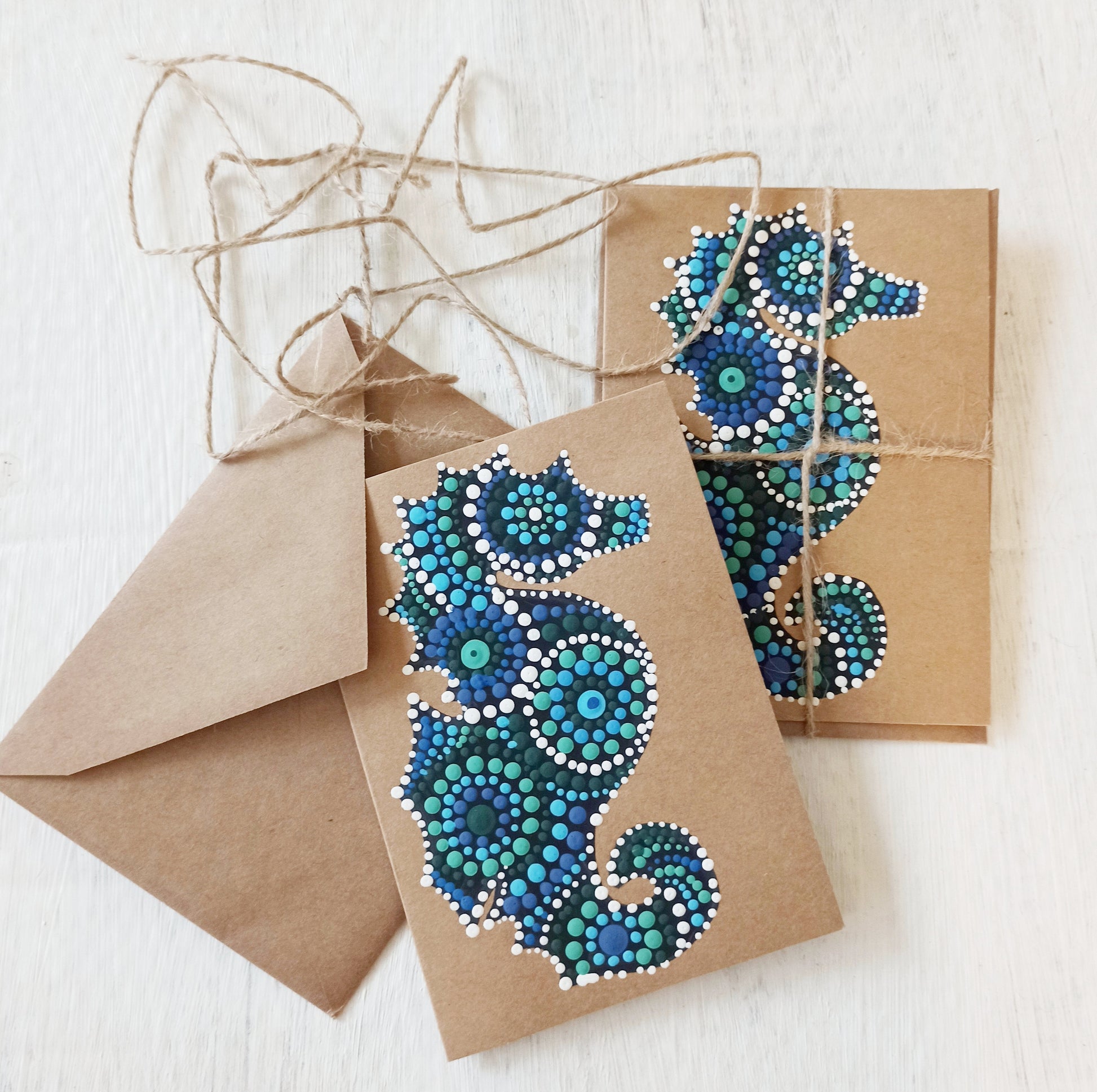 HandPainted Seahorse and Sting Ray Mandala painted Blue and Green dot Art Greetings Cards on Kraft Card