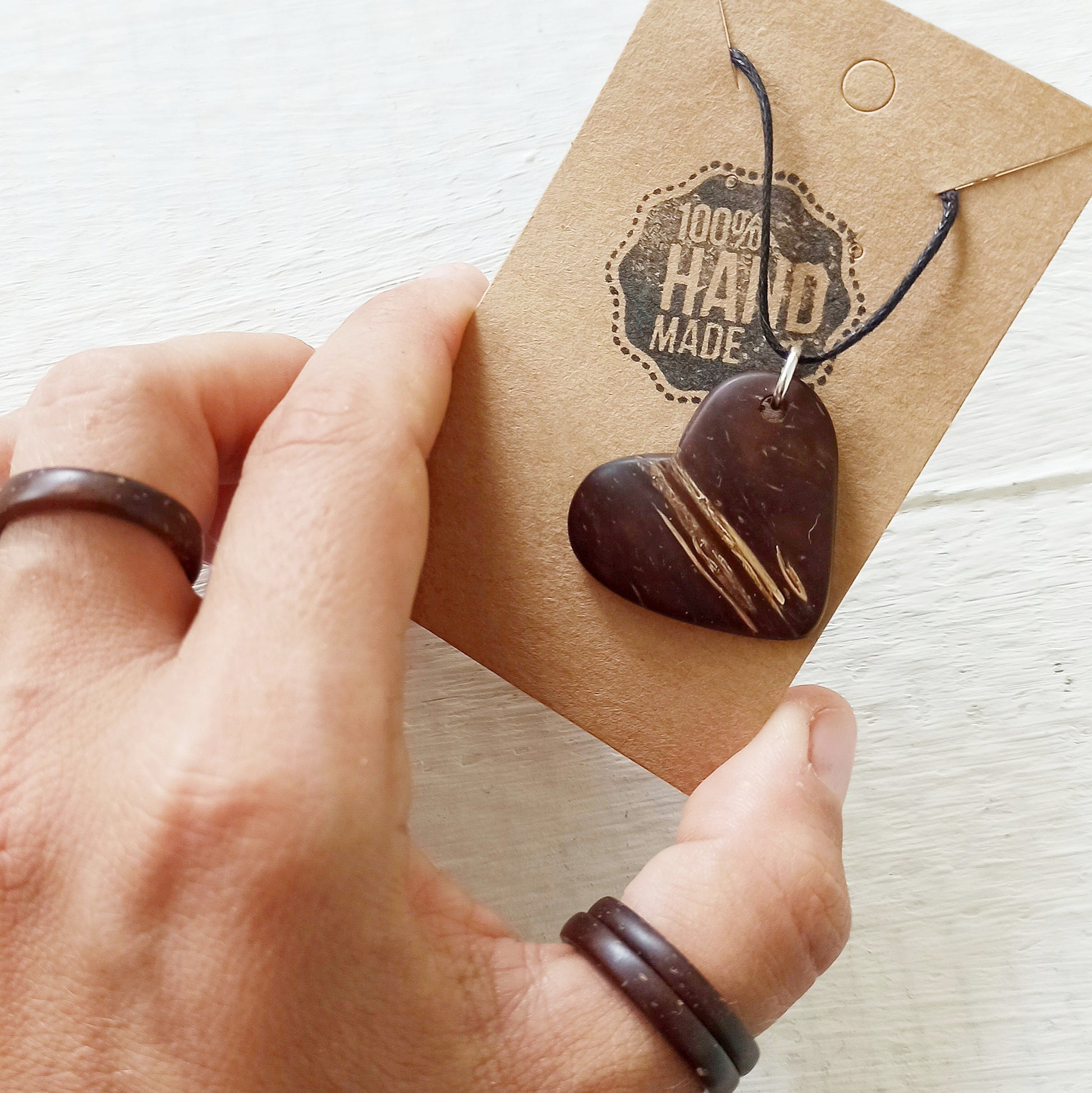 Coconut Shell Heart Pendant, Coconut Shell Rings 