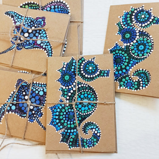 HandPainted Seahorse and Sting Ray Mandala painted Blue and Green dot Art Greetings Cards on Kraft Card