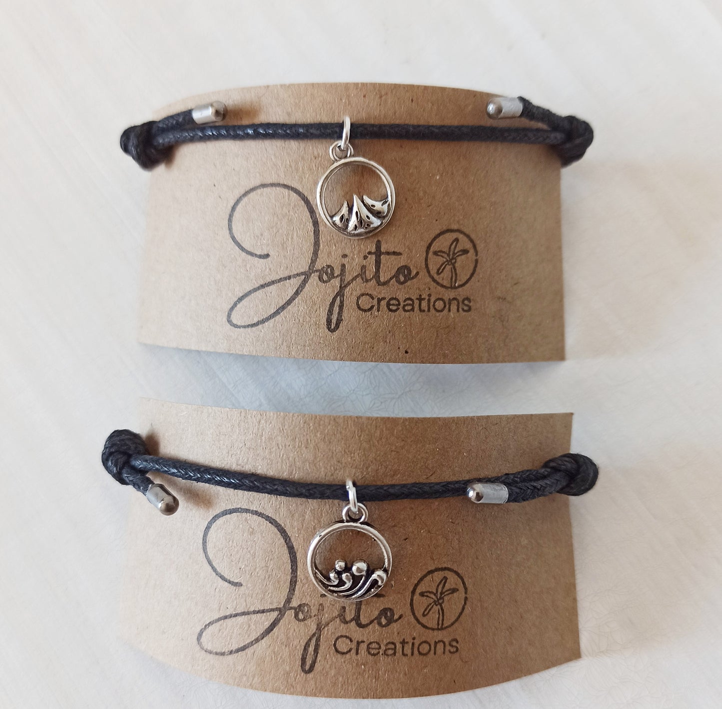 Mountain and Wave Silver Charm Couples bracelet 