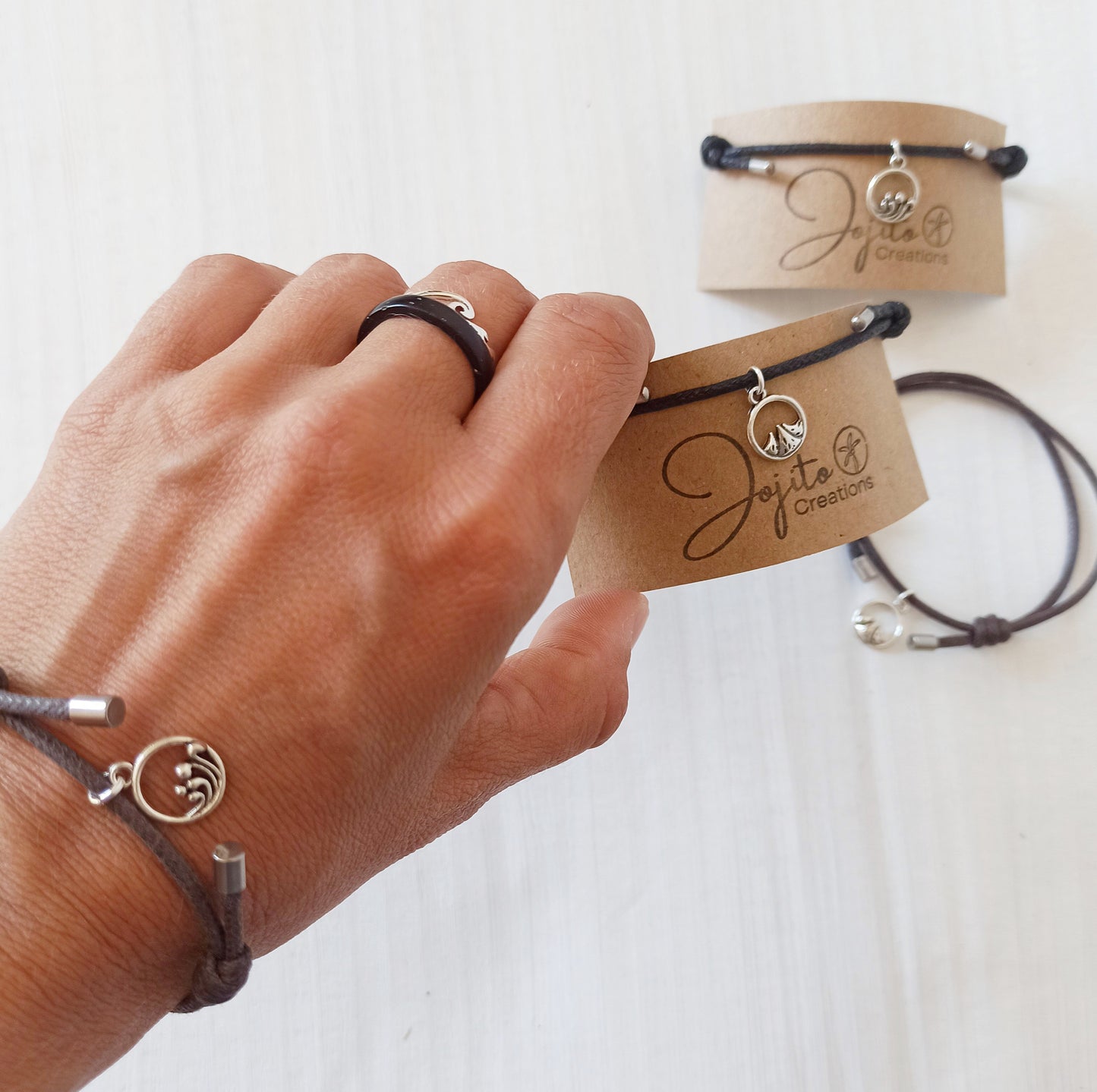 Mountain and Wave Silver Charm Couples bracelet, Unisex Charm Bracelet