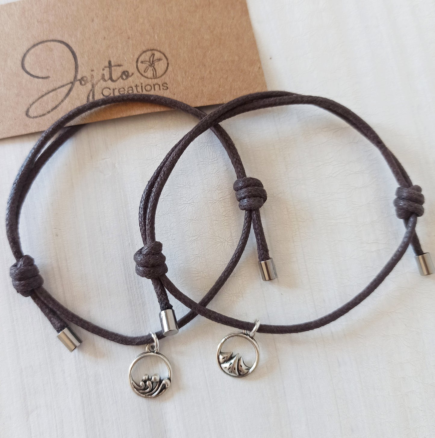Mountain and Wave Silver Charm Couples bracelet 