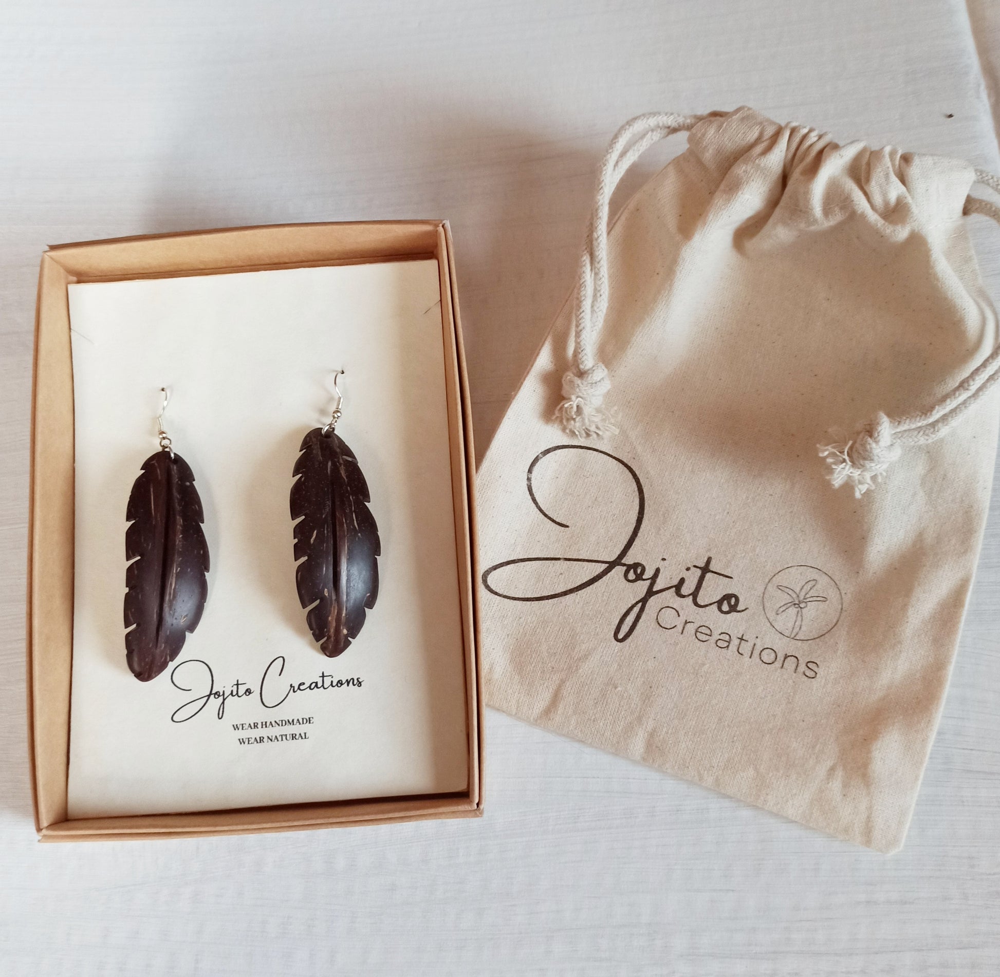 Coconut Shell Feather Earrings, Eco Friendly Jewellery