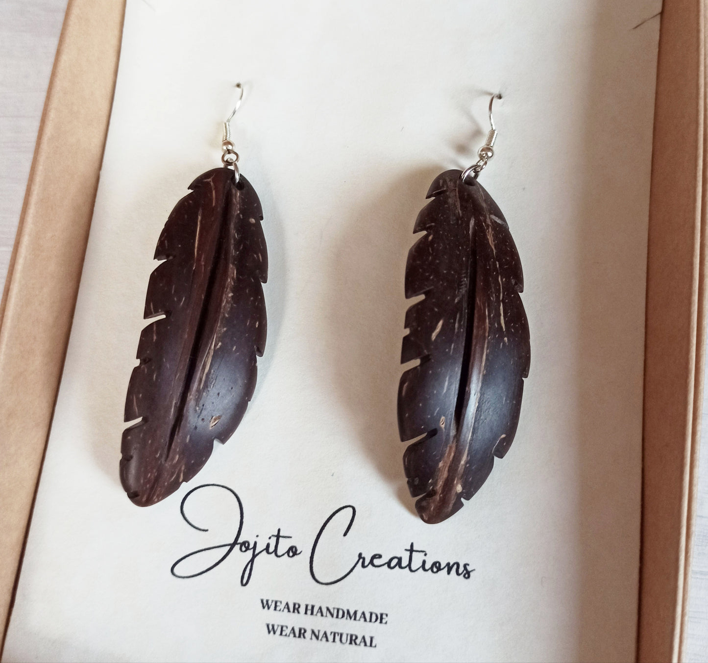 Coconut Shell Feather Earrings, Eco Friendly Jewellery