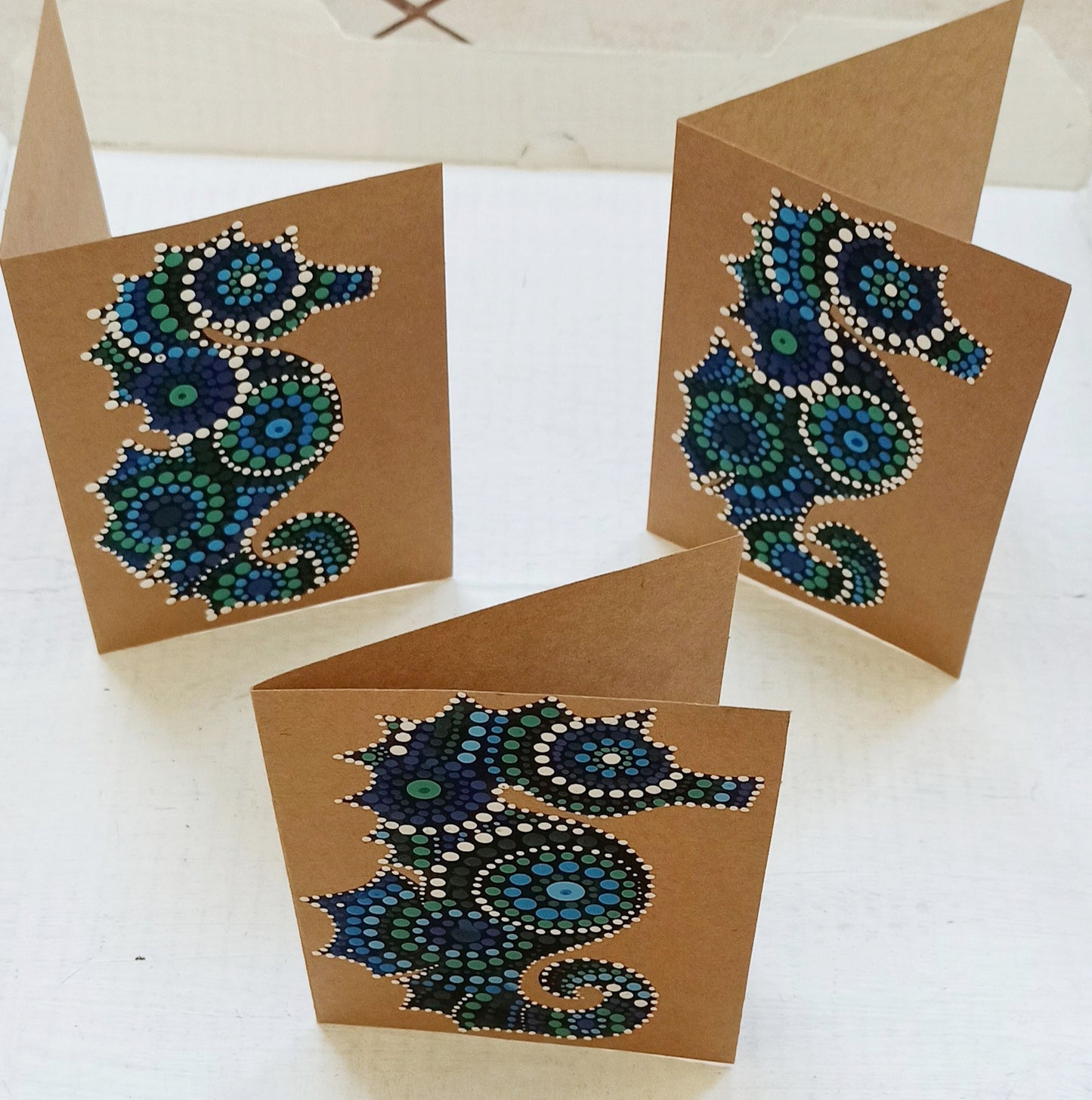 HandPainted Seahorse and Sting Ray Mandala painted Blue and Green dot Art Greetings Cards on Kraft Card