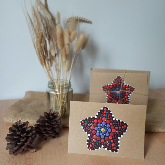 Red and Purple Hand Painted Dot Art painting on kraft card, greetings card for any occasion. 