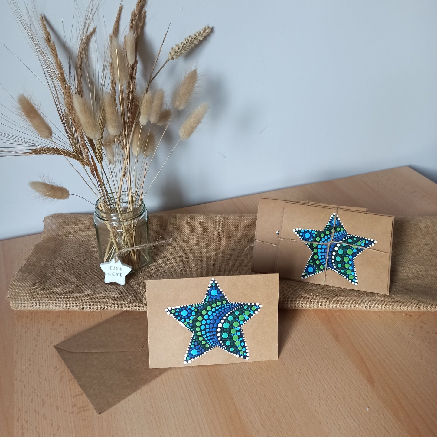 Hand Painted Cards Blue and green dot art stars on kraft card. Hand painted cards for any occasion. small Business cards birthday cards