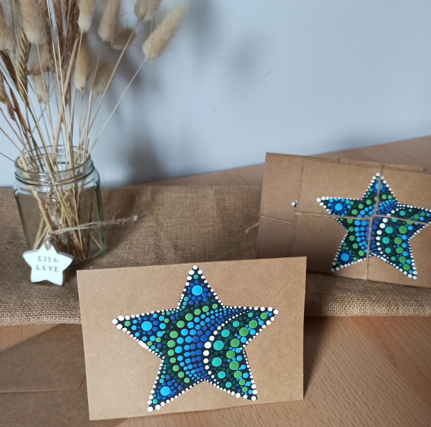 Hand Painted Cards Blue and green dot art stars on kraft card. Hand painted cards for any occasion. small Business cards birthday cards