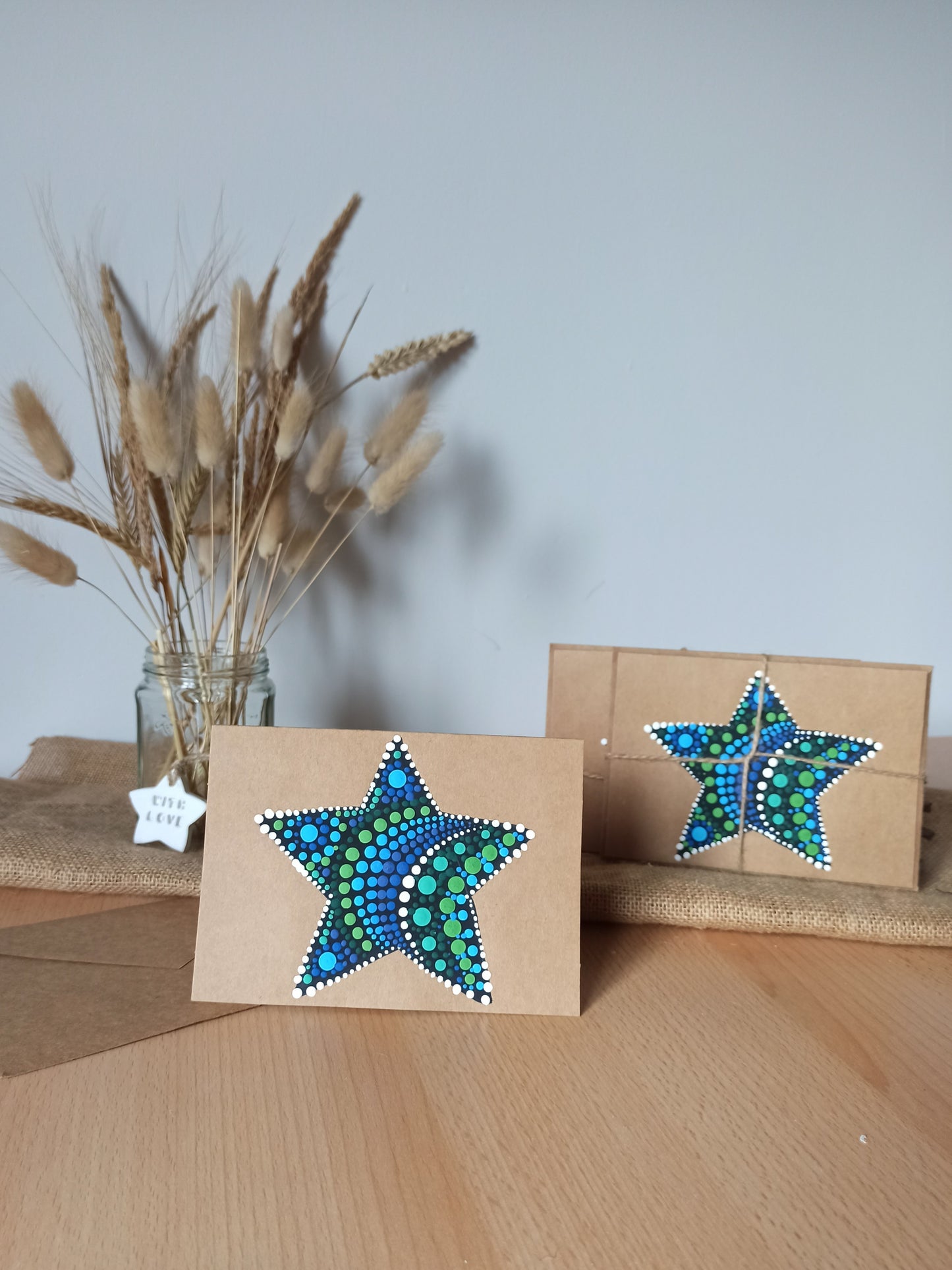 Hand Painted Cards Blue and green dot art stars on kraft card. Hand painted cards for any occasion. small Business cards birthday cards