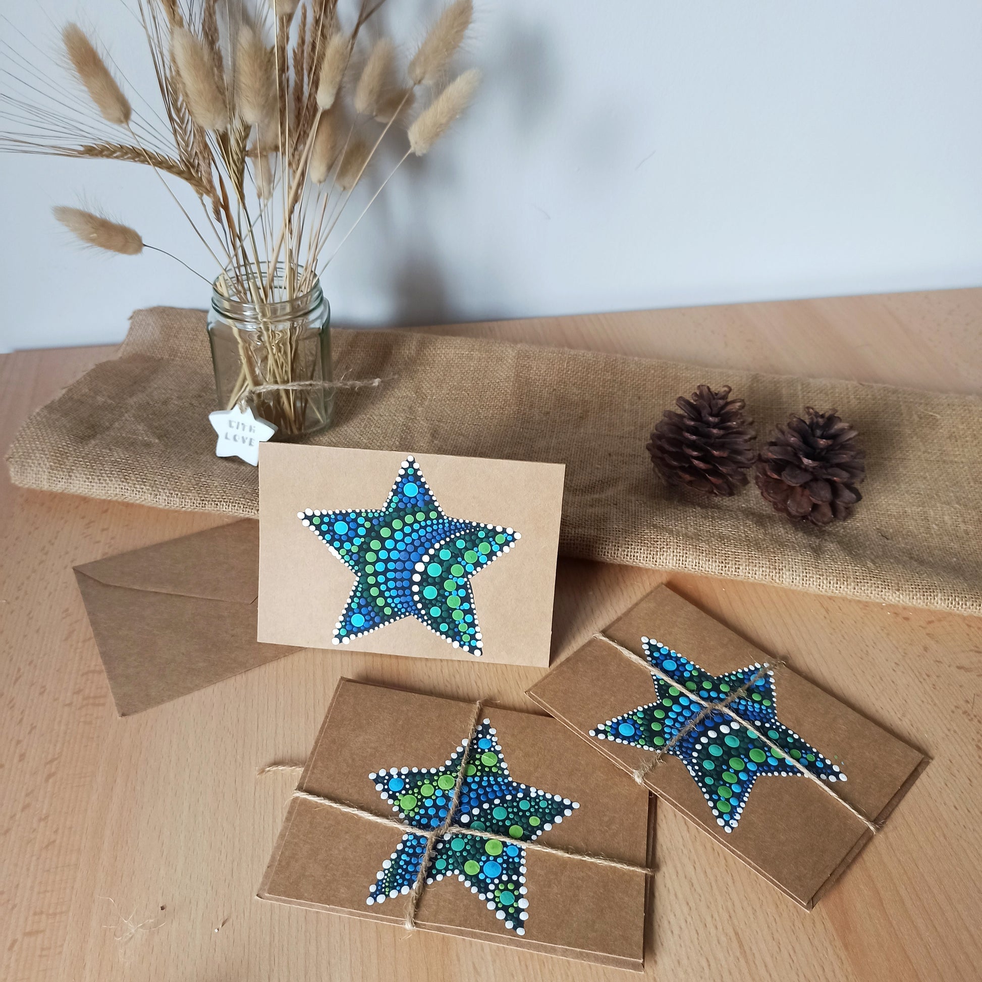 Hand Painted Cards Blue and green dot art stars on kraft card. Hand painted cards for any occasion. small Business cards birthday cards