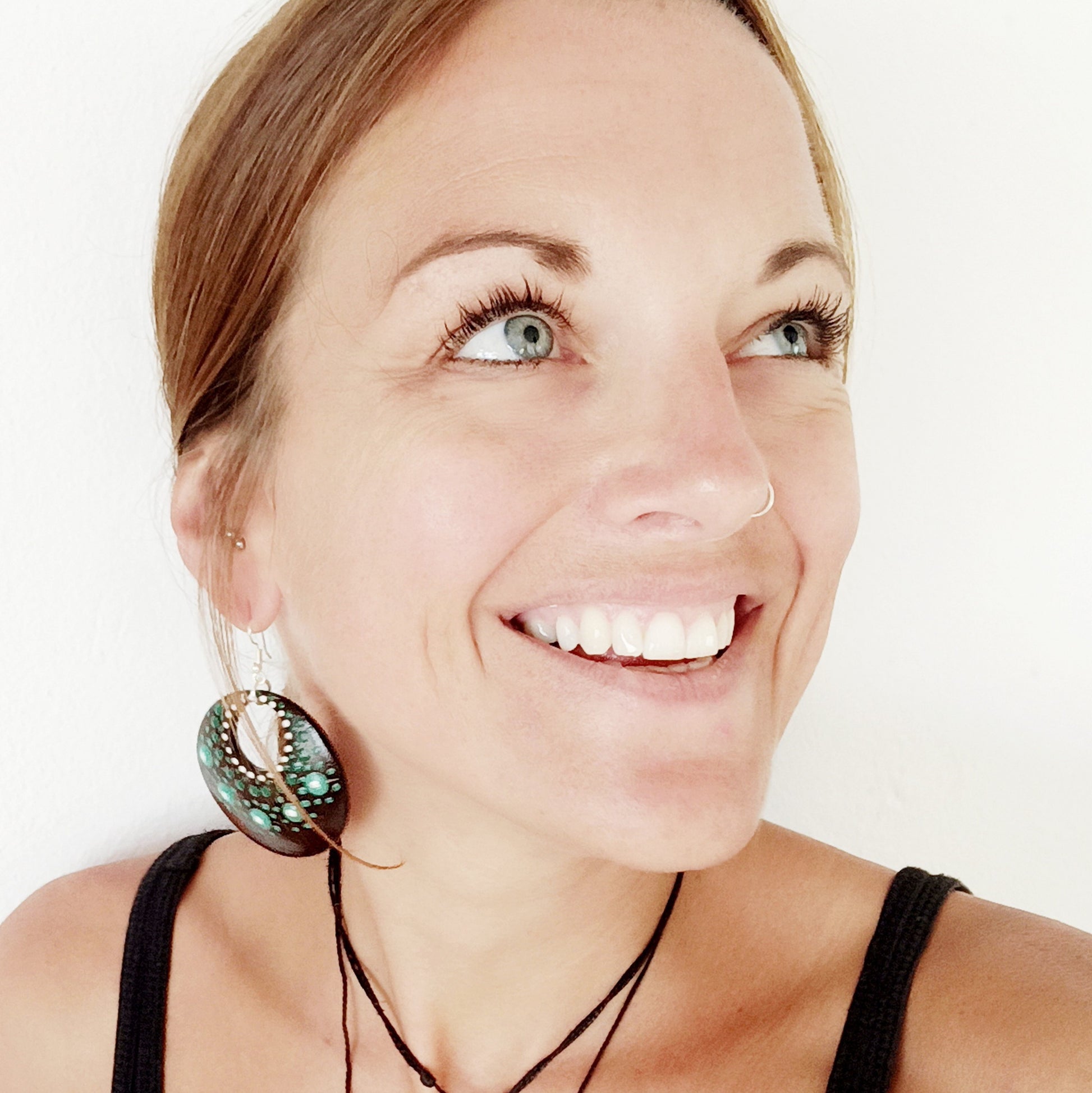 Hand Painted Coconut Circular Earrings Green