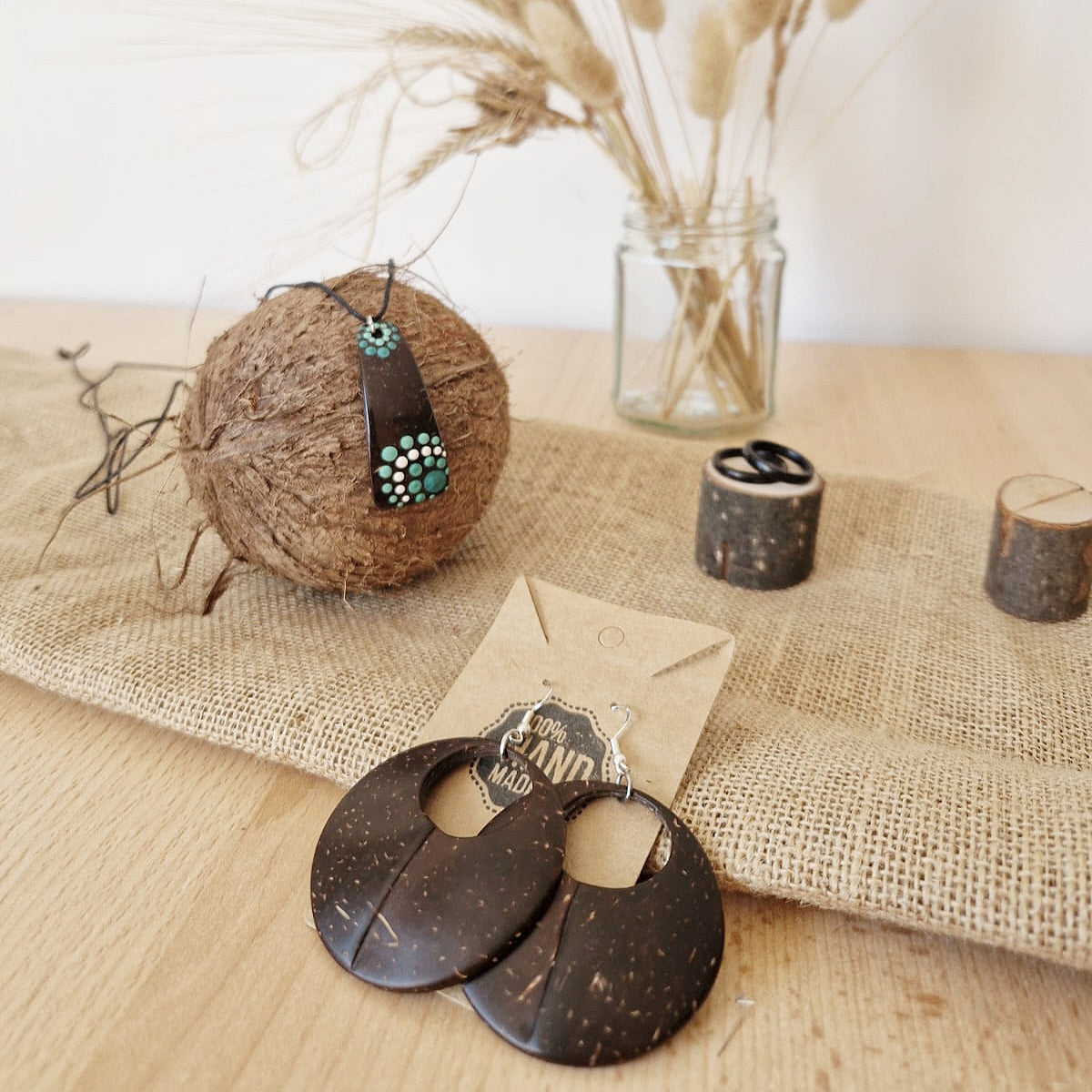 Coconut Shell Handmade Hoop Earrings, coconut Shell Necklace and Coconut Shell band Ring