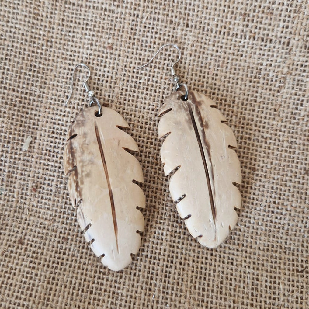 White Coconut Shell Large Feather Earrings