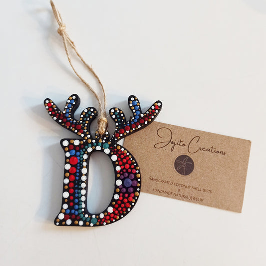 Letter D Hand Painted Antler Christmas Tree Decoration. Customised Ornament for Children