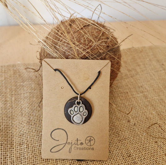 Dog Paw Print Silver Charm on Coconut Shell Backing