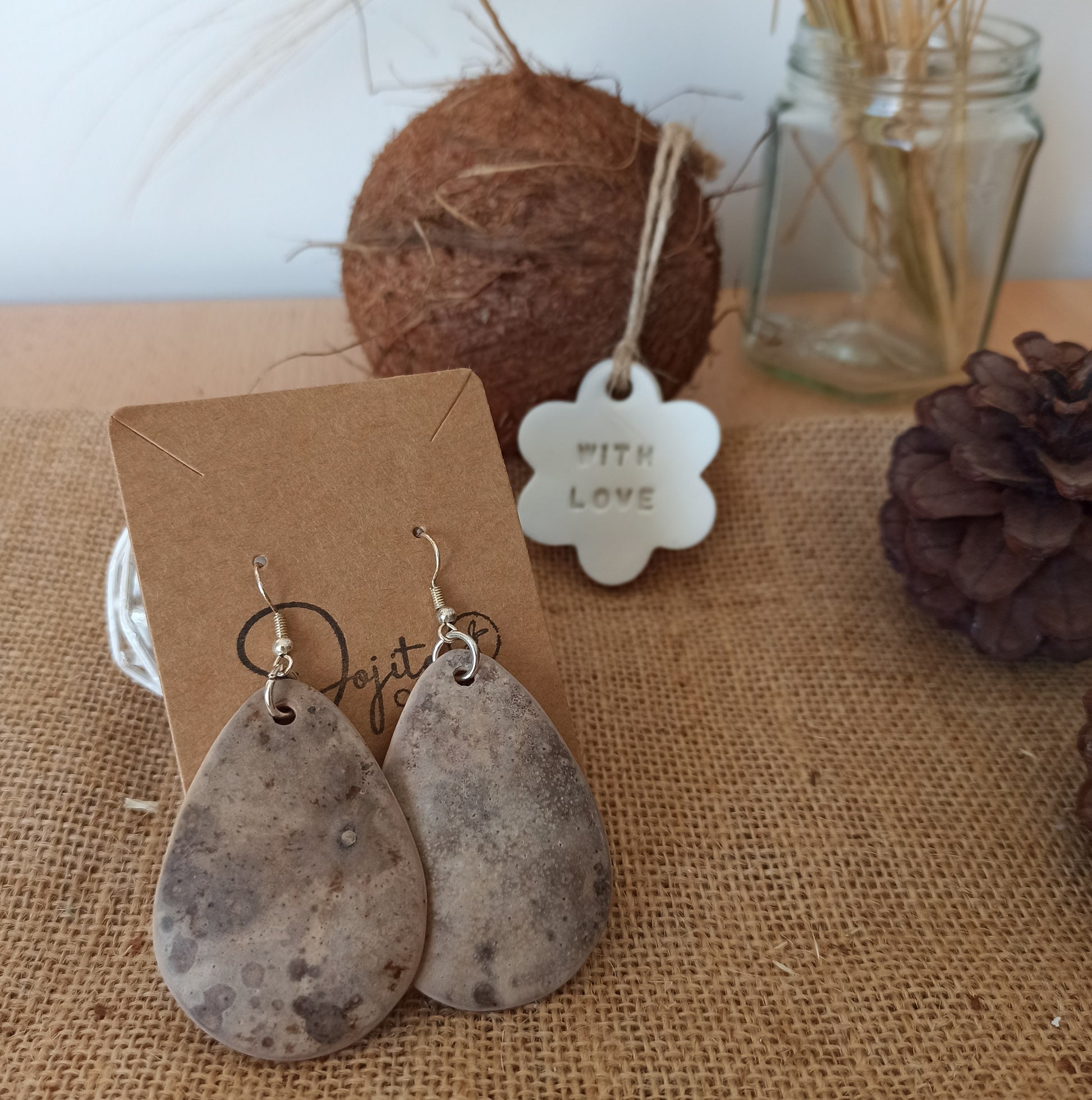 Gourd Natural Teardrop Eco Friendly Earrings on Silver Hooks, speckled Beige Earrings