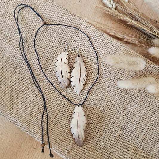 Coconut Shell White Coconut Young Coconut Shell Feather Earrings and Necklace