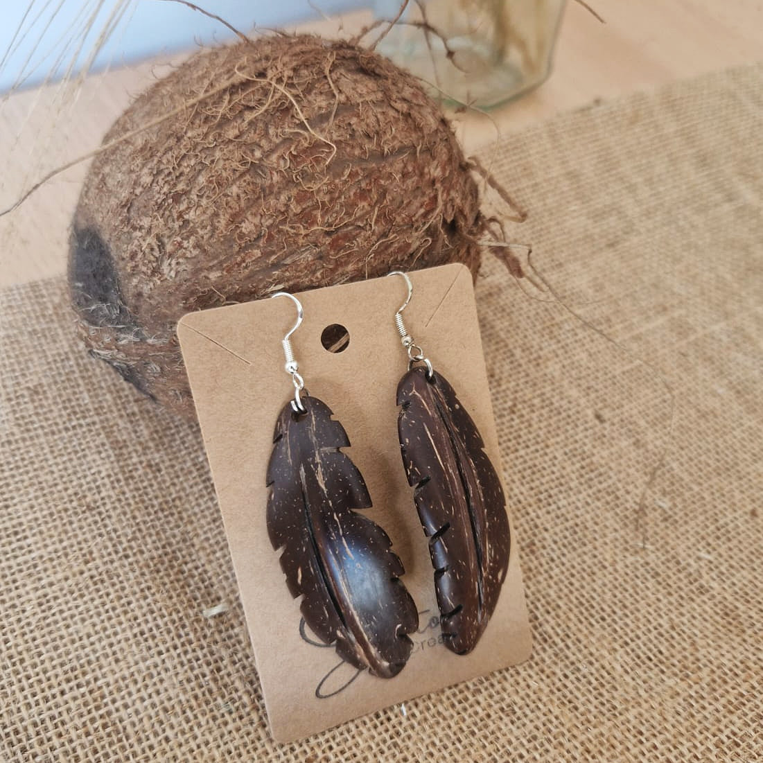 Coconut Shell Feather Earrings, Eco Friendly Jewellery