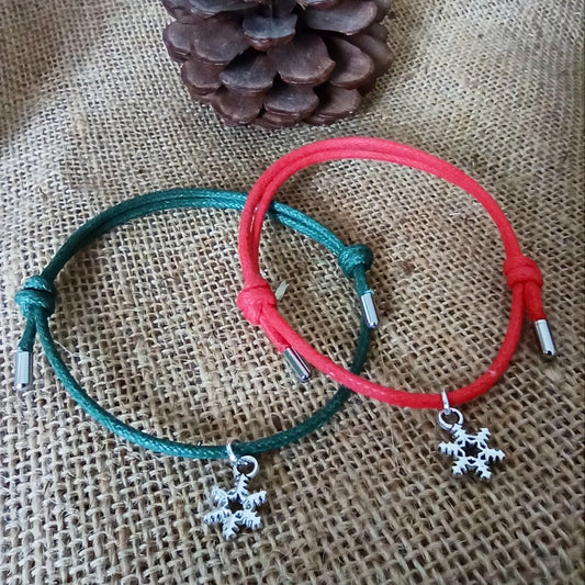 Silver Snowflake Charm Bracelet hung on cotton cord unisex adjustable charm bracelets