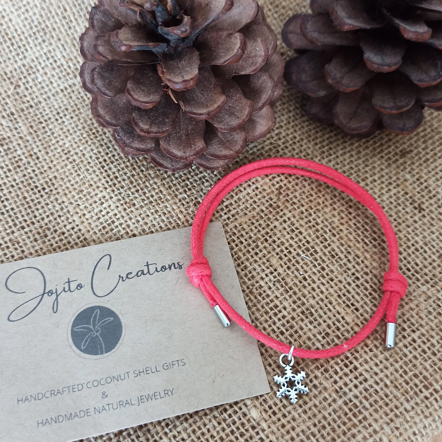 Silver Snowflake Charm Bracelet hung on cotton cord unisex adjustable charm bracelets