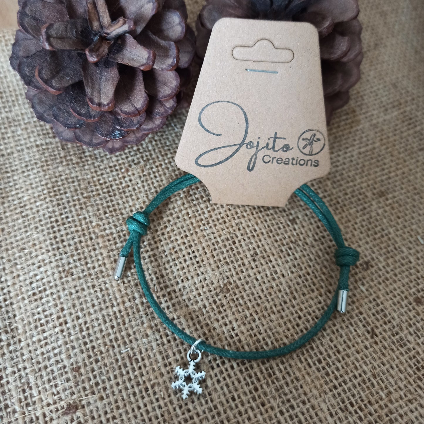 Silver Snowflake Charm Bracelet hung on cotton cord unisex adjustable charm bracelets
