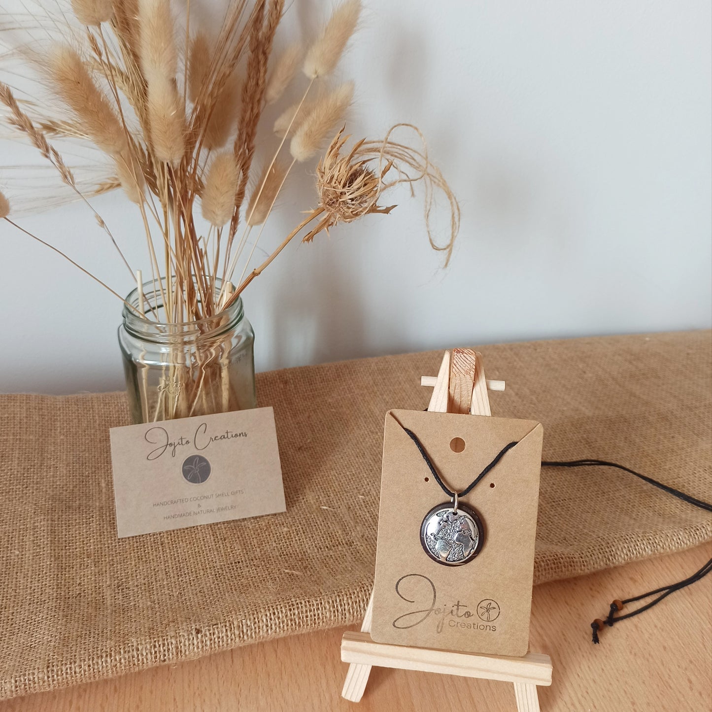 Coconut Shell Pendant Necklace with World Map Silver Charm