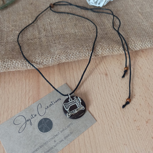 Coconut Shell Eco Friendly Jewellery, silver Singer Machine Pendant charm