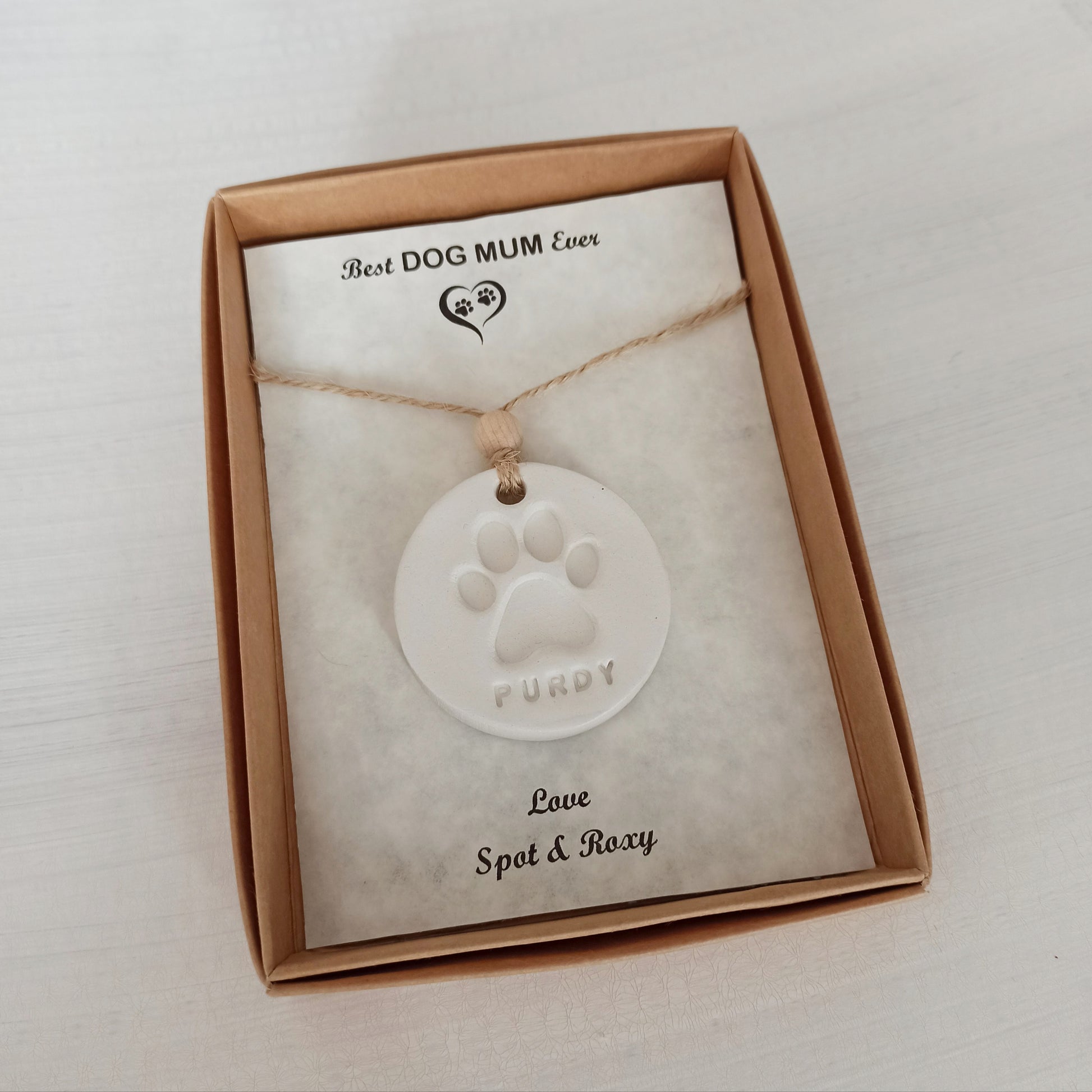 Customised Clay Paw Print Gift, clay Decoration personalised for Dog Lovers, best dog mum ever. Gift Boxed