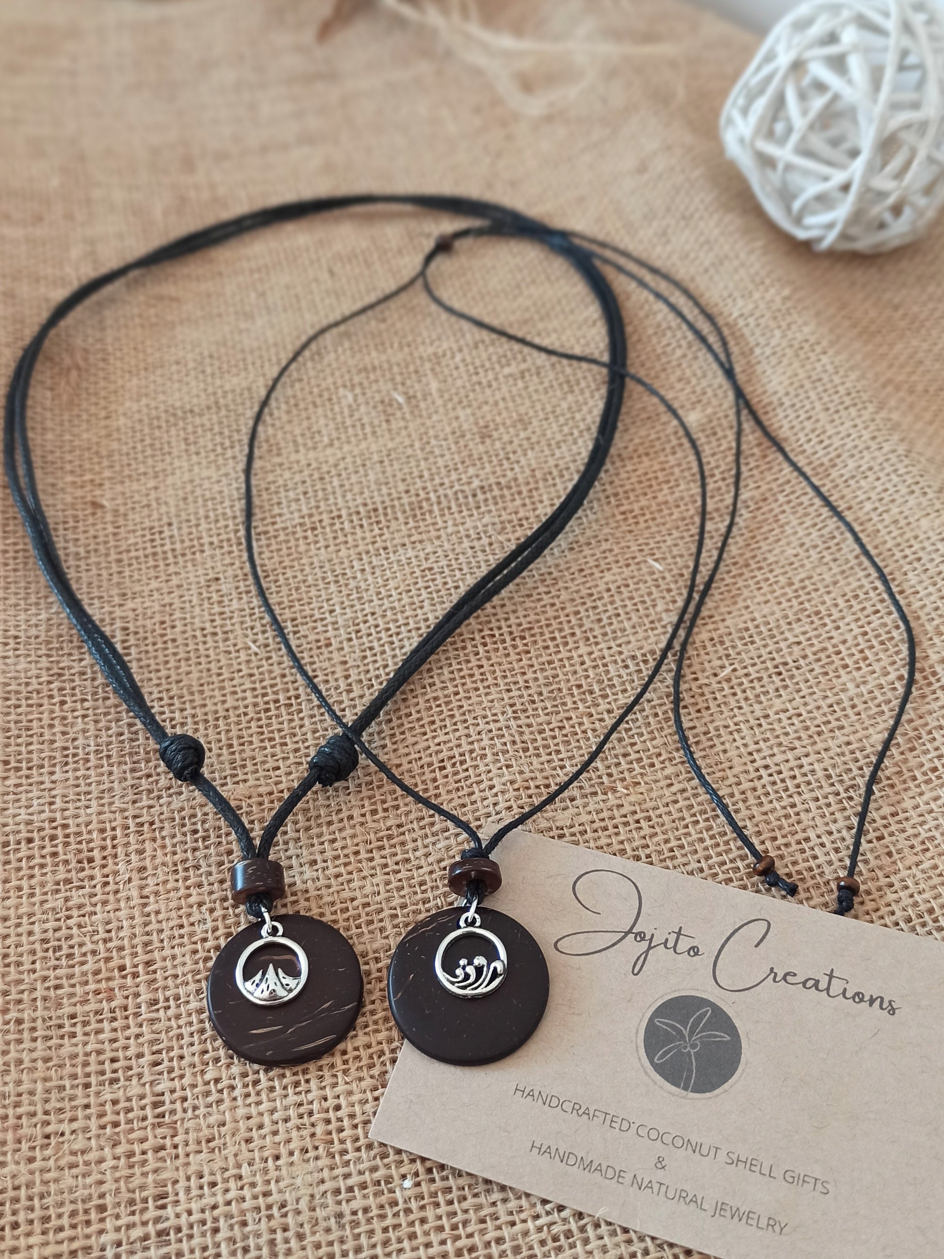 Mountain And Wave Coconut Shell Pendant Necklace Unisex His and Hers Necklaces 