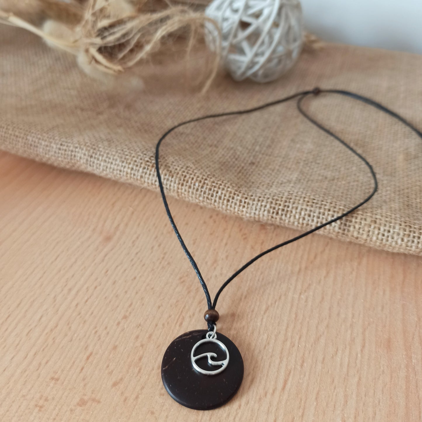 Coconut Shell Eco Friendly Jewellery, silver wave Pendant charm