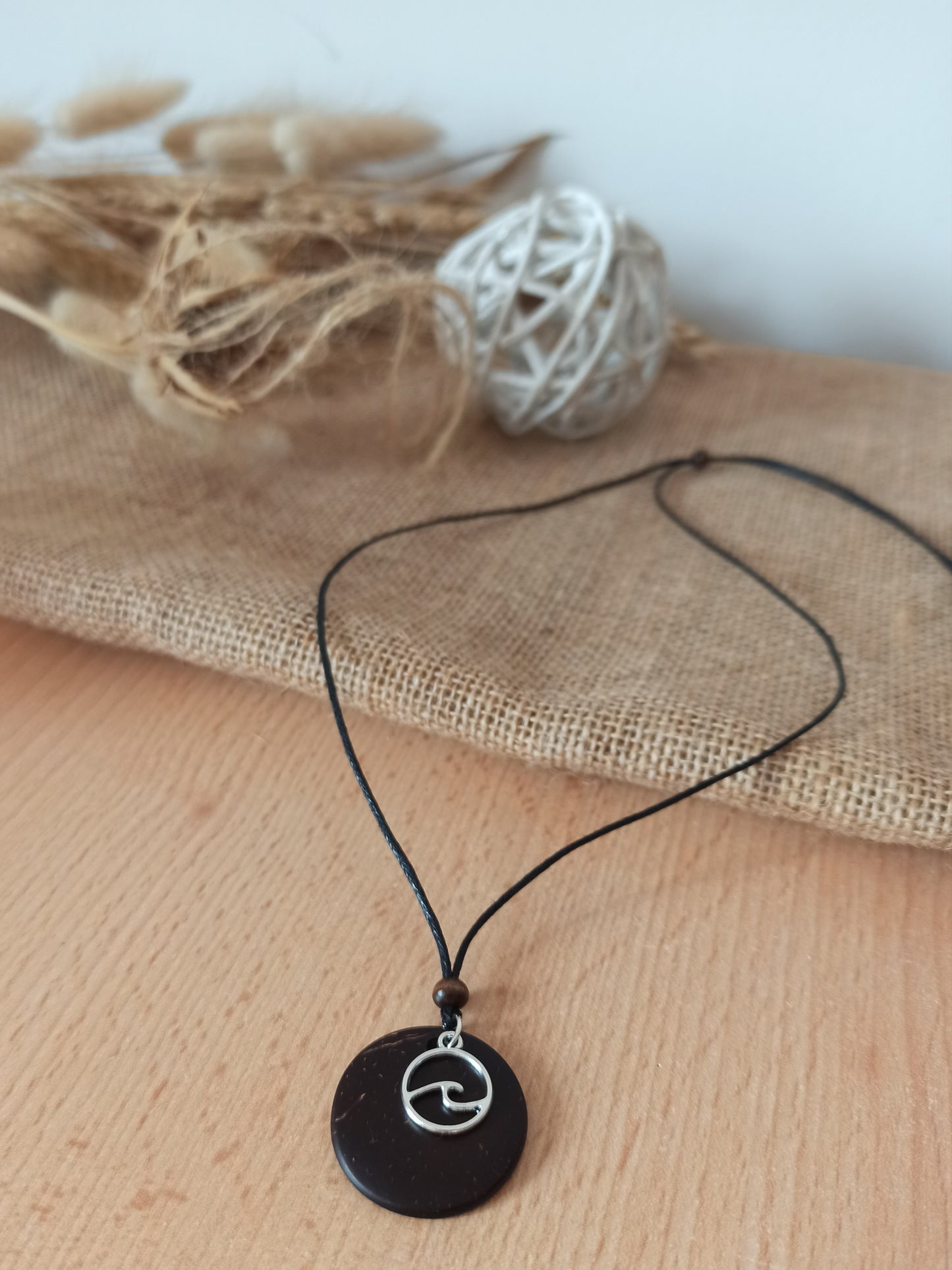 Coconut Shell Silver Wave Charm Necklace