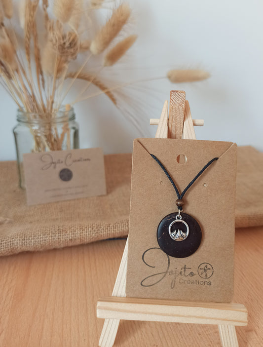 Coconut Shell with mountain silver charm pendant necklace, Eco Friendly Jewellery