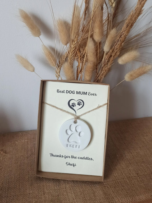 Customised Clay Paw Print Gift, clay Decoration personalised for Dog Lovers, best dog mum ever