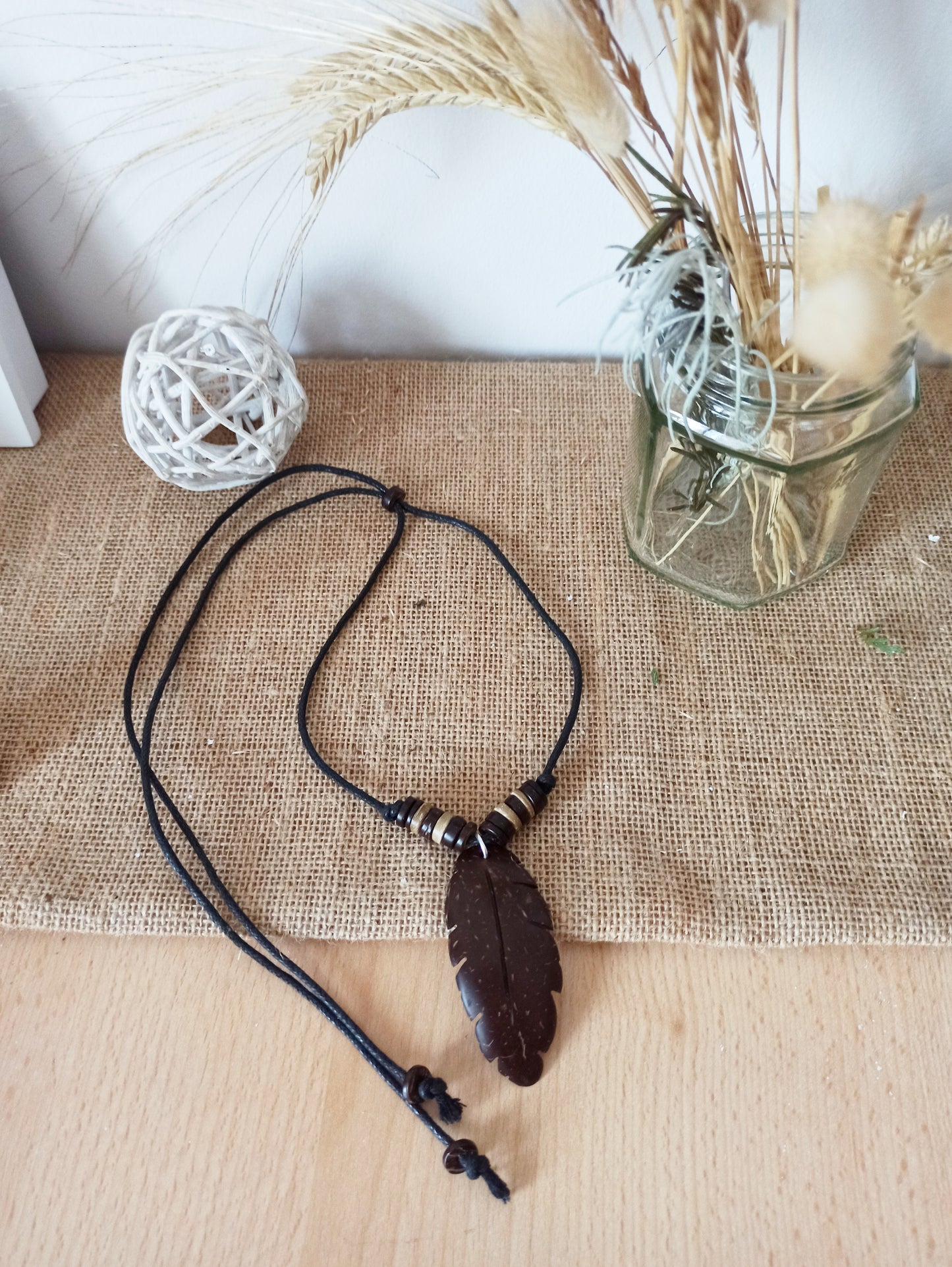 Leaf Coconut Shell Pendant Wood Unisex Necklace