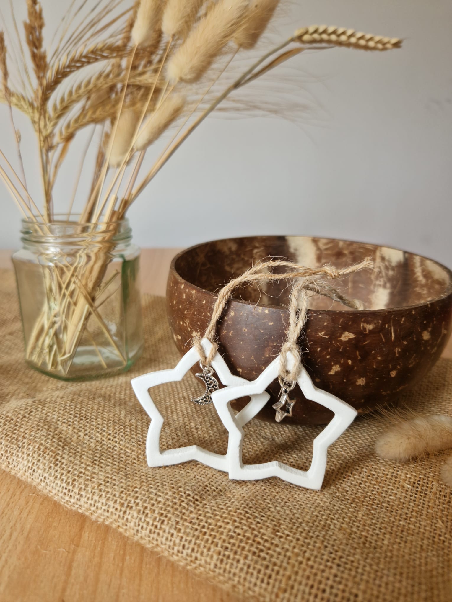 Clay star with Moon and star Silver Charm, Holiday Ornaments with a Coconut Bowl