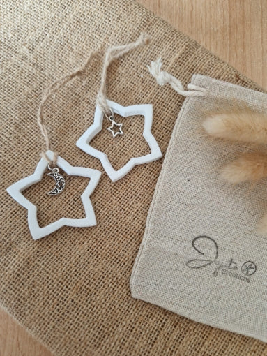 Clay star with Moon and star Silver Charm, Holiday Ornaments