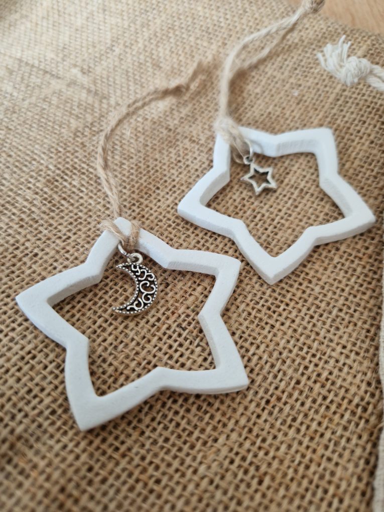Clay star with Moon and star Silver Charm, Holiday Ornaments