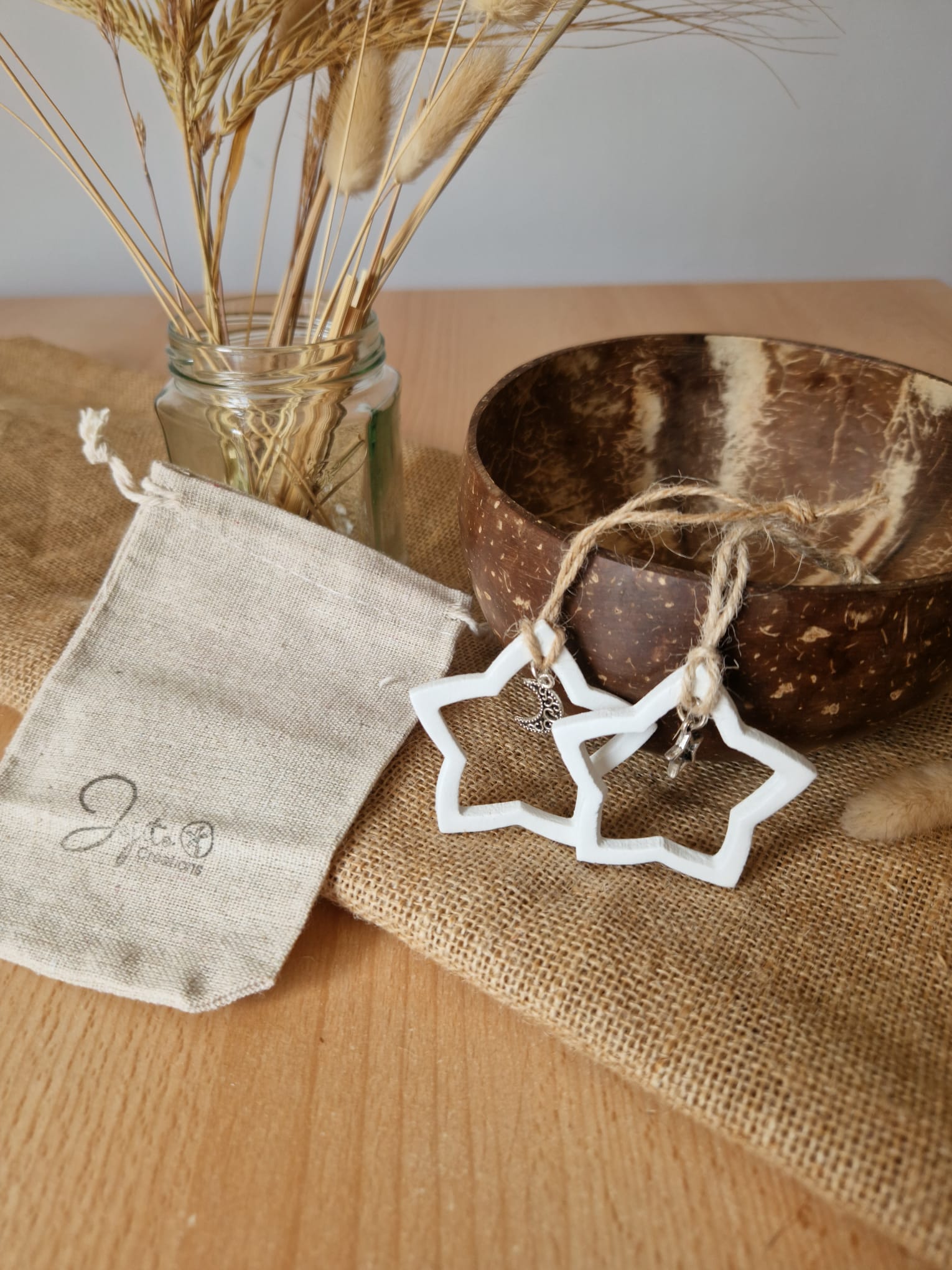 Clay star with Moon and star Silver Charm, Holiday Ornaments
